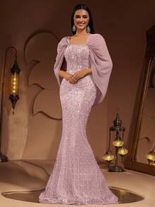 Đầm maxi đuôi cá tay bồng sang trọng, cao cấp, đính sequin, ren và voan, kiểu dáng thời trang mới dành cho nữ, thích hợp cho tiệc tùng, thảm đỏ, đám cưới, cô dâu, hoặc dịp Lễ Tình nhân mùa xuân. - Màu Hồng baby - Xem 7