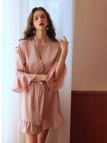 1pc Personalized Bathrobe For Women Sexy Satin Kimono Short Dress 3/4 Nightgown For Bride,Bathrobe Kimono Robe For Women Silky Bridesmaid Robe Set Wedding Robe Sleepwear Bride Robe V Neck,Wedding,Wedding Accessories,Bridesmaid Gifts. - Multicolor - View 9
