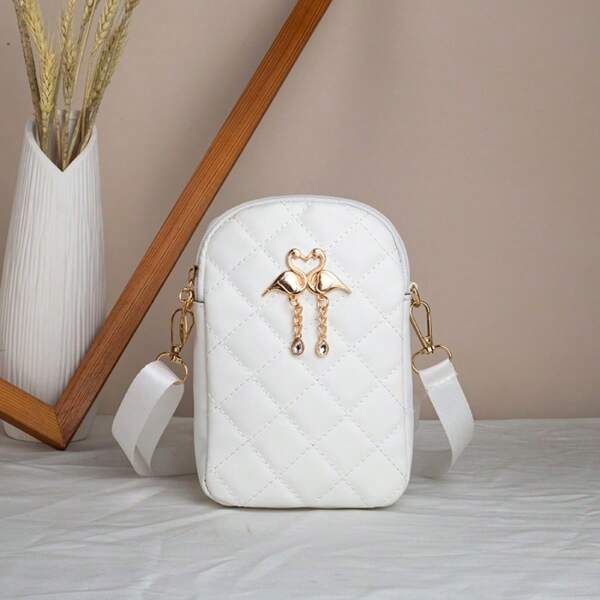New Quilted Mini Handbag, Korean Style Mobile Phone Bag, Wholesale Factory, Embroidered Swan With Metal Decor Crossbody Bag, Suitable For Shopping, Party, Travel, Work Commute