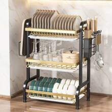 High-Quality Carbon Steel Three-Tier Dish Rack With Drainage And Separation For Dry And Wet Ware, Includes Utensil Holder, Cutting Board Holder, Bowl Holder, Cup Holder, And Drainage Pipe, Black Metal With White Accents,Perfect For Kitchen Storage