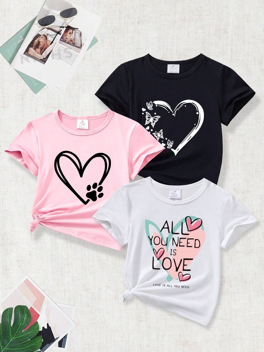 3pcs/Set Girls' Cute Heart Print Round Neck Short Sleeve T-Shirts, Summer - Multicolor - View 1