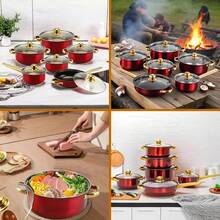 12 Piece Cookware Set Nonstick Pots And Pans Home Kitchen Cooking Non Stick, Classic Design, Glass Cover, Stainless Steel Handle, Includes 16/18/20/22/24/24cm Pots, Red, Dinner For Thanksgiving, Halloween, Christmas, Family Gifts - 紅色 - 查看 10