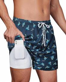 Bañador de hombre con forro de compresión, pantalón corto de baño de 5 pulgadas de entrepierna para hombres - Azul marino de palma - Ver 2