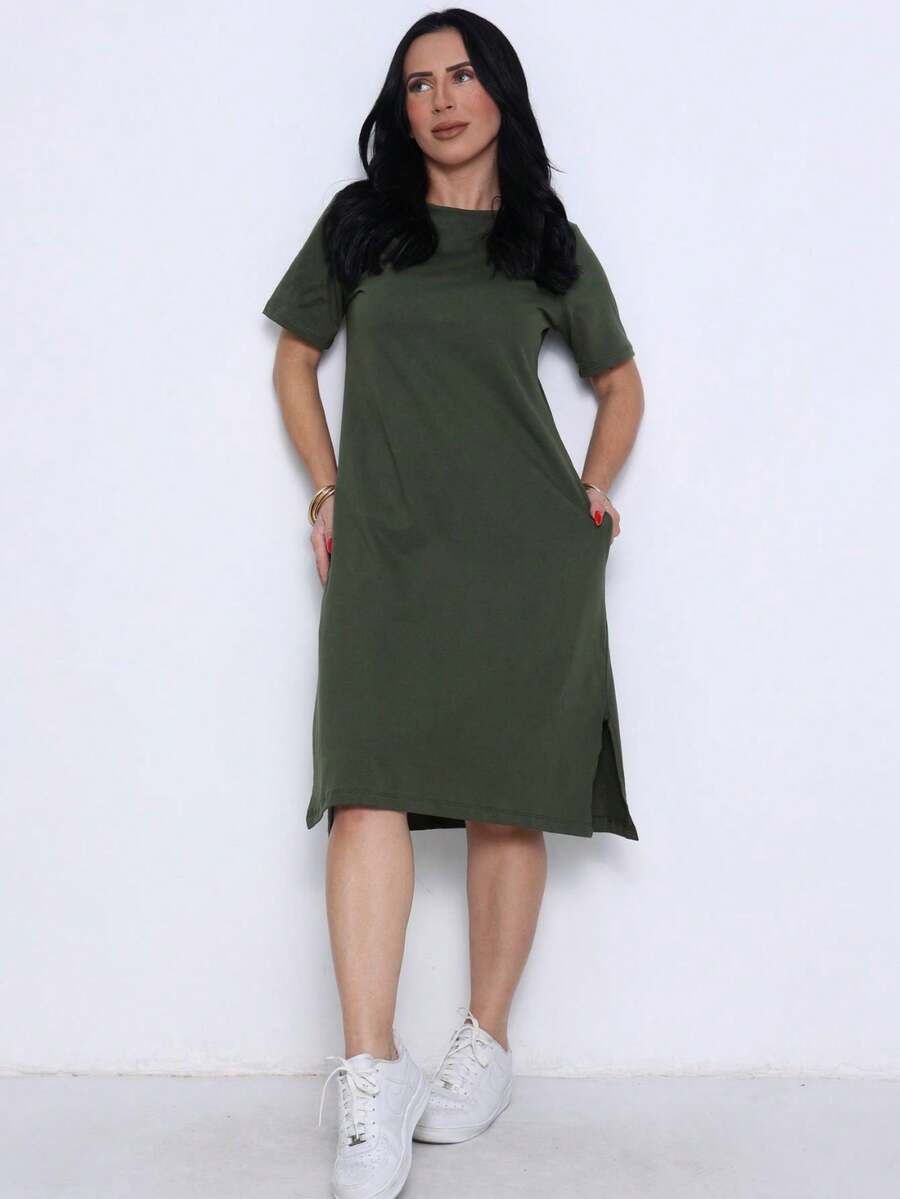 Cotton Midi Dress With Pockets - Comfortable, Casual, Everyday, Versatile. - màu xanh lá - Xem 1