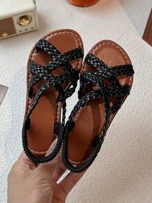 "1 Pair Of Black Vintage Woven Sandals For Boys And Girls 3-12 Years Old | Elastic Drawstring Breathable Woven Park/School/Beach/Outdoors/Party/Show All Right!" - Black - View 3