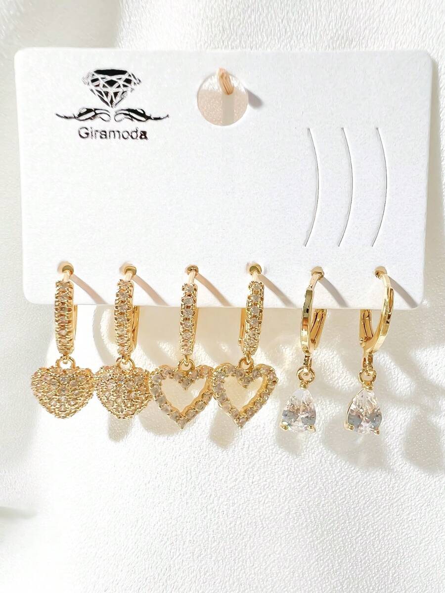 Kit 3 brincos cravejado pedra de zirconia argolinha pingente coracaofolheados a ouro18k e prata 925
