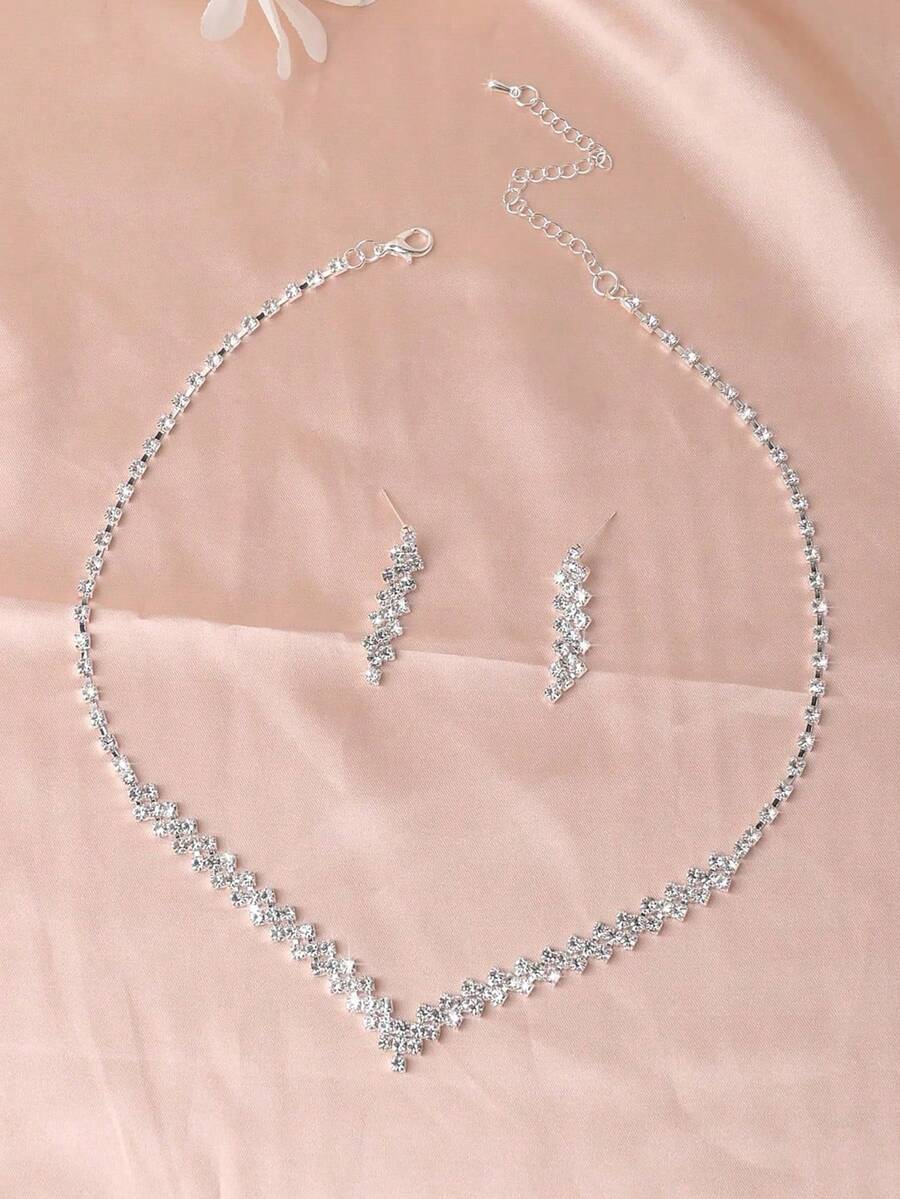 Bridal Jewelry Set - Necklace With Cubic Zirconia, Elegant Wedding Dress Accessories, 2 Pieces Set - Silver - View 1