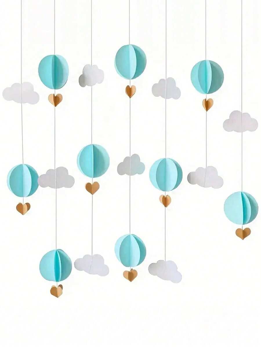 1 Set 118" Trimable Paper Cloud & Balloon Garland Decor, Includes 9pcs 3D Hot Air Balloons, Hearts & Cloud Paper Floral Wall Hanging Decorations, Suitable For Wedding, Birthday Party, Classroom, Home Bedroom, Festival, Summer Celebration Room Decor Bedroom Decor Home Decor Wall Decor - Multicolor - View 1