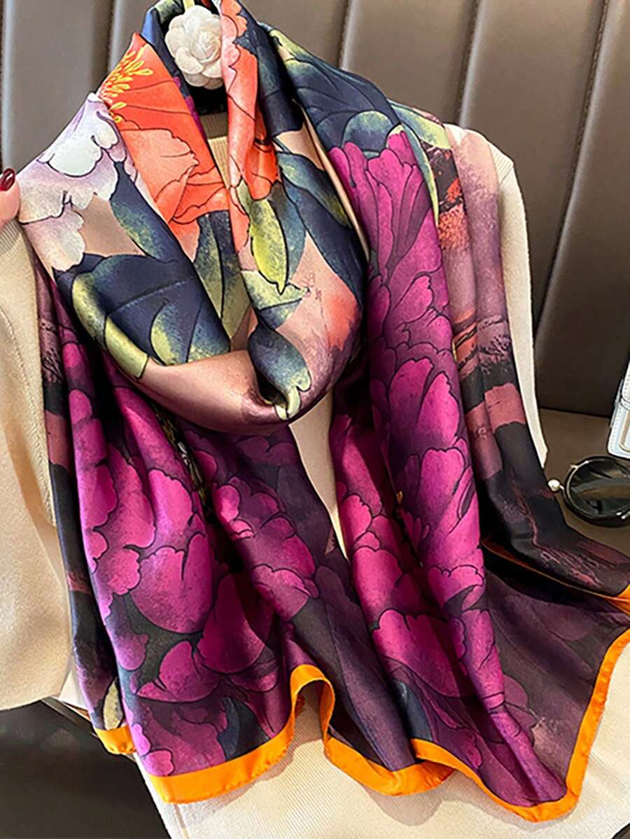 1 pieza Bufanda larga de seda con estampado floral, accesorio de moda para mujer