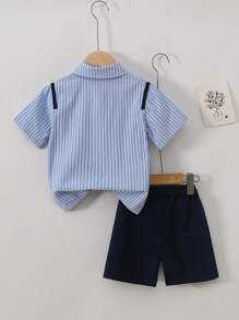 3pcs Boys Casual Set, Loose Fit Shirt, Shorts, Striped Shirt, Suitable For Toddlers, Party & Birthday, Summer Outfit