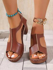 Zapatos de mujer de unicolor con estilo bohemio y retro, sandalias de tacón alto azules para damas, sandalias de tacón grueso - Marrón - Ver 5