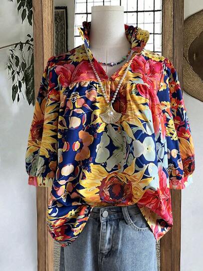 女式春夏休闲度假热带雏菊花卉图案随机印花荷叶边半袖衬衫