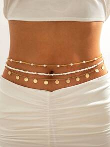 3pcs/Set Bohemian Beach Beaded Pearl Metal Disc Pendant Waist Chain Jewelry Set, Suitable For Beach Vacation, Tourism, And Important Occasions As An Excellent Gift (Number Of Beads Varies, Bead Size May Slightly Differ Batch By Batch) - Multicolor - View 2