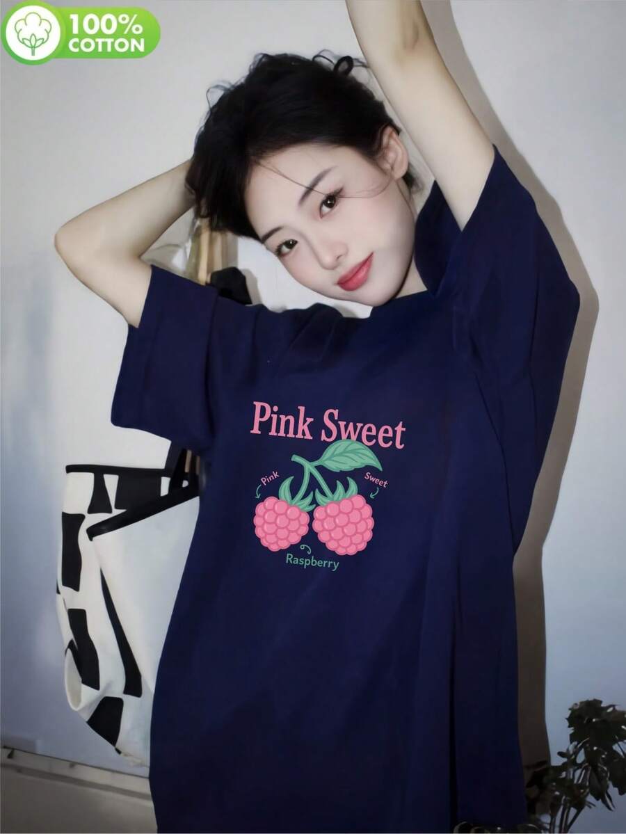 200g Pure Cotton T-Shirt 2025 Summer Ladies New Short Sleeve Pure Cotton Holiday Pattern Short Sleeve Round Neck Couple Wear Small Shirt Tops - 深藍 - 查看 1