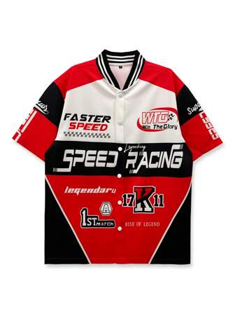 1件棒球领“SPEED RACING”字母印花衬衫，深红色，赛车服，街头服饰，休闲外套，短袖，年轻时尚