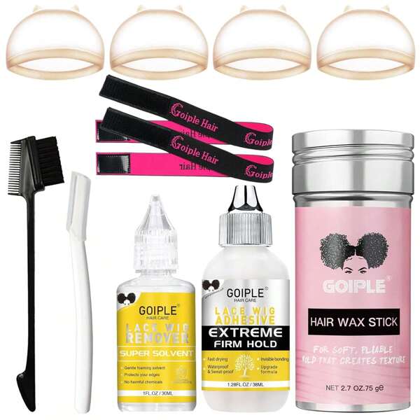 Set di colla per parrucche in pizzo GOIPLE, colla per parrucche frontali in pizzo, adesivo forte per lo styling di parrucche e sistemi per capelli, include colla invisibile per parrucche, stick di cera per il controllo dei bordi, solvente, elastico, pettine, rasoio, cuffia per parrucca.