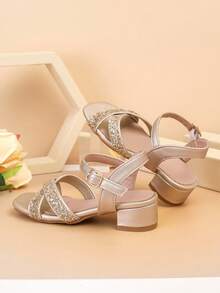 1 Pair Fashionable Bright Pink Girls High Heel Shoes With Floral Decoration, Suitable For Party, Dance, Student Performance, And Daily Wear, All Seasons - Gold - View 4