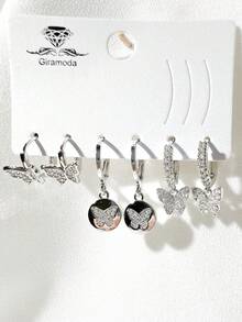 Kit Of 3 Earrings Studded With Zirconia Stone, Small Hoop, Heart Pendant, 18k Gold Plated And 925 Silver - 53 - 查看 2
