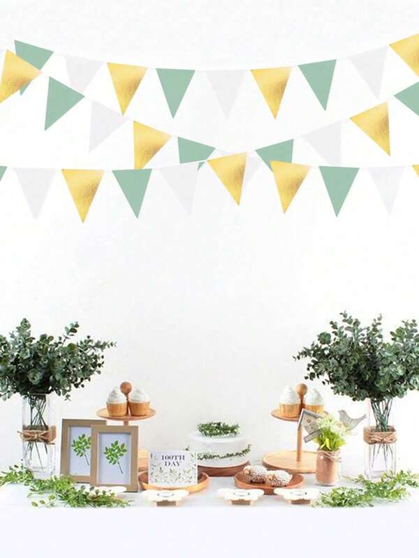 15 piezas de banderines triangulares de color dorado, blanco y verde para decoración colgante en cumpleaños, bodas, propuestas, despedidas de soltero, jubilaciones, San Valentín, Año Nuevo, Navidad, en interiores y jardines