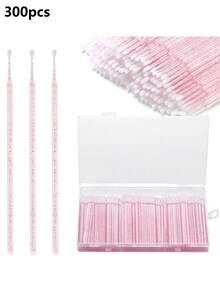 300支一次性微型涂抹棒，细纤维刷，适用于睫毛嫁接、睫毛膏清洁（2.0毫米带容器）（粉色），眉刷，眼影刷，螺旋刷