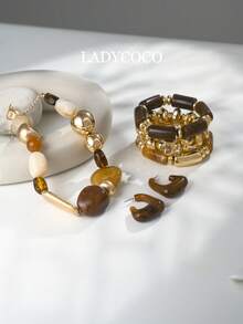 LADYCOCO 6pcs Set Retro Bohemian Exaggerated Resin Beaded Necklace & Bracelet, Suitable For Women - Earrings/Necklace/Bracelet Set - View 3