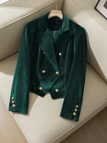金色天鹅绒短款夹克，凸显女性魅力 - 墨綠色 - 查看 5