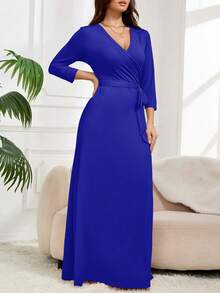 女士多色拼接连衣裙，深V领和收腰设计，优雅大方，适合外出就餐、购物等各种场合。 - 寶藍色 - 查看 5