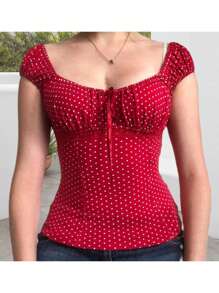 Women Short Sleeve T-Shirts Dot Print Tie-Up Front Casual Shirts Summer Fashion Slim Fit Tops Streetwear