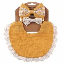 Adjustable Baby Girl Bow Headband & Saliva Towel Set, Lace Detail, Solid Color Double-Sided Waterproof Dribble Bib, Cute & Versatile - Multicolor - View 14