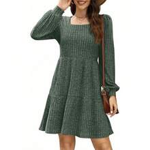 Local Delivery- Fall Dresses Casual Babydoll Sweater Dress Womens Square Neck Long Sleeve - Green - View 3