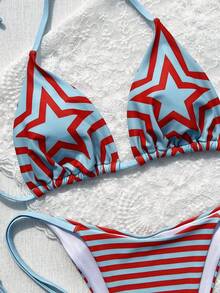 女士夏季海滩度假时尚星星印花吊带露背前开叉比基尼套装 - 藍色 - 查看 4