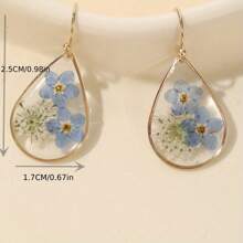 A Pair Of Real Flower Drop Glue Forget Me Not Water Drop Earrings, Suitable For Women's Daily Wear