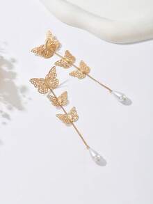 1 对优雅别致的女士耳环，时尚简约夏季风格，合金空心蝴蝶和水滴仿珍珠，创意个性化耳环，适合日常休闲佩戴，珠宝 - Golden - 查看 4