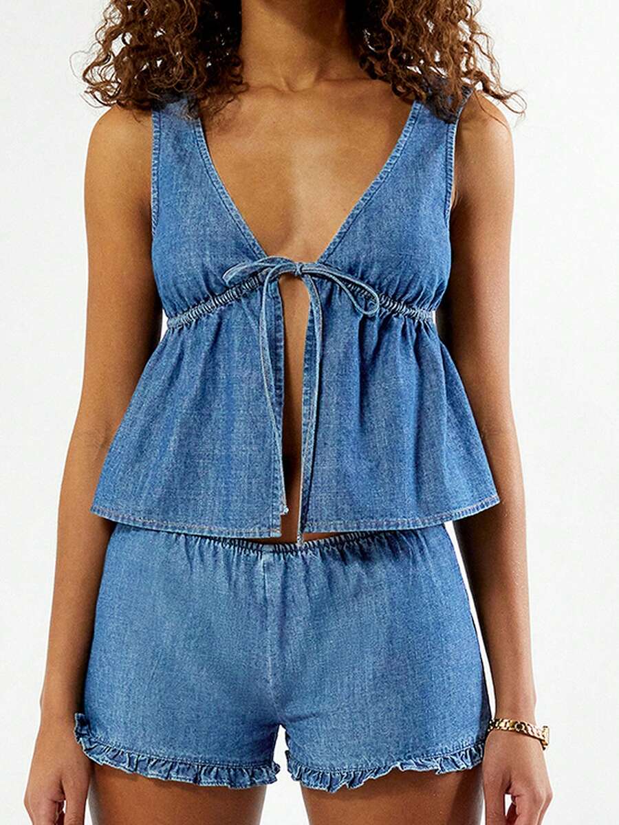 Women Denim Outfit Solid Deep V Neck Tie Front Tank Tops Elastic Waist Ruffle Shorts 2 Piece Summer Set - Light Blue - View 1