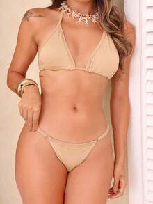 Women's Ribbon Bikini Bronze Adjustment Summer Carnival Beachwear Set - 米色 - 查看 3