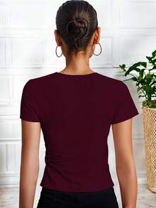 Blusa Con Nudo En Escote Lado Derecho Casual Para Dama - Vino - Ver 4