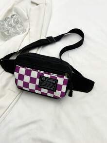 尼龙格子拼布面料休闲运动风时尚男士胸包，多功能简约手机和零钱包 - 彩色 - 查看 4