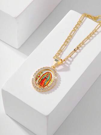 1 st. trendigt och enkelt handmålat kopparhalsband med jungfru Maria av Guadalupe, lämpligt som present till mor/alla hjärtans dag-par/systrar/vänner/faddrar, vardags- och festkläder