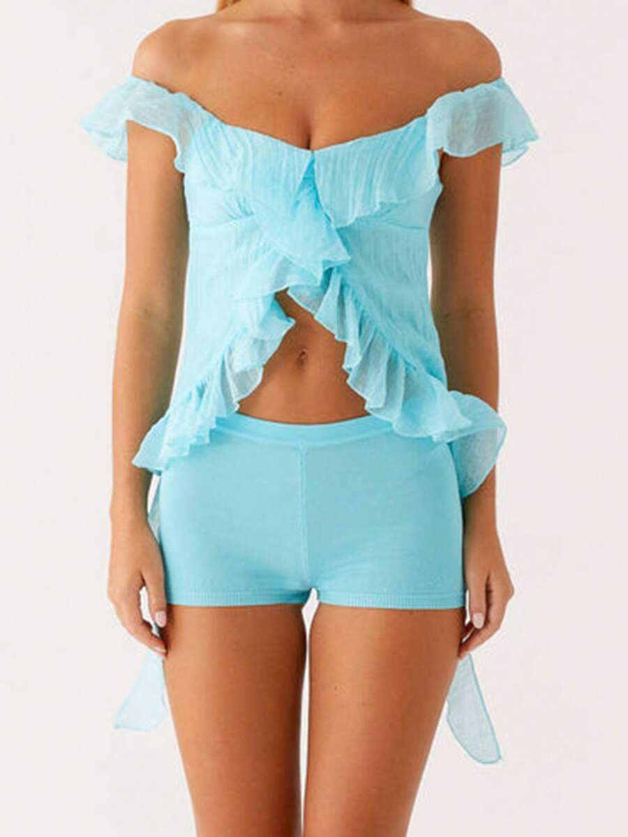 Women Off Shoulder Tops Ruffle Trim Solid Color Backless Showing Navel Shirts Summer Streetwear - Blue - View 1