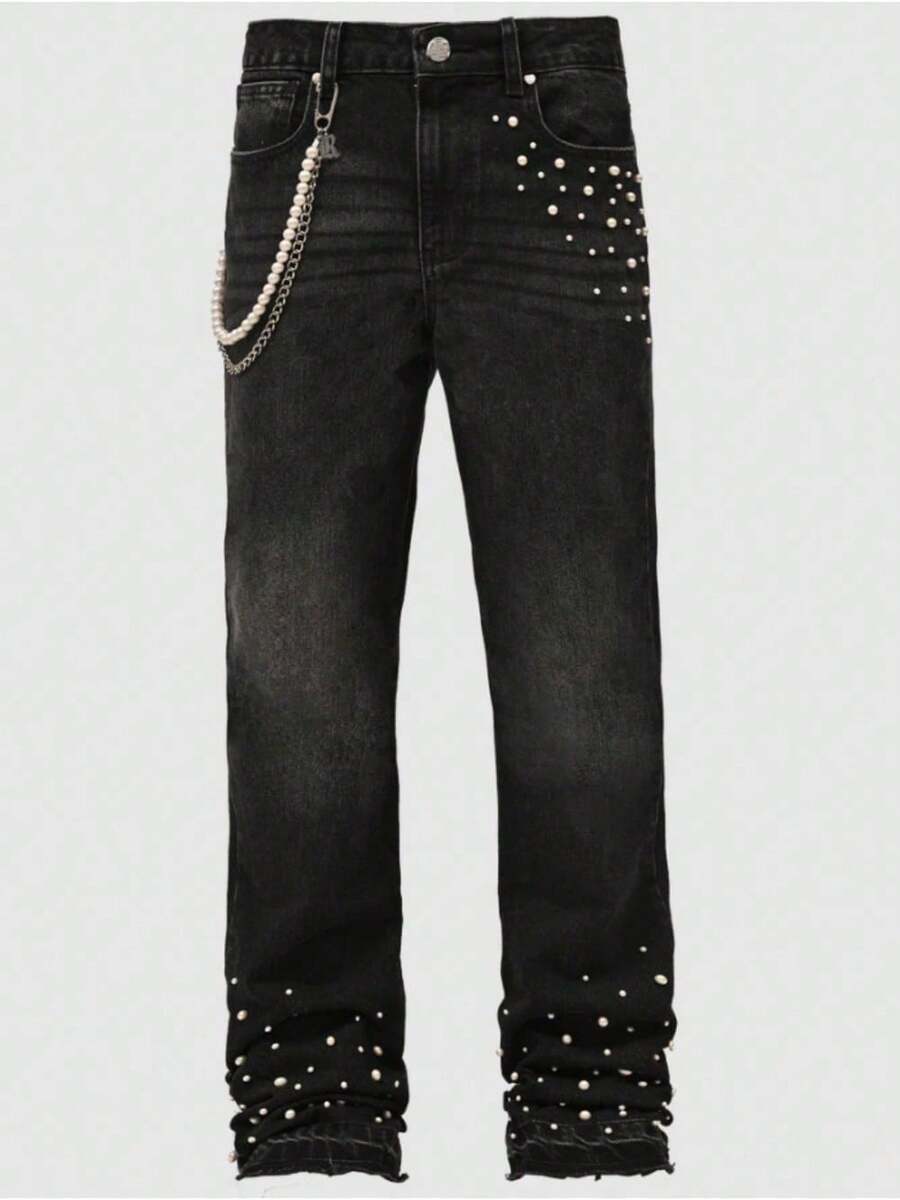 Nuevos pantalones rectos de mezclilla elástica con diamantes incrustados para hombres - ¡Esencial de la ropa urbana! - Negro - Ver 1