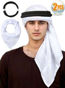 2 pièces Châle rétro arabe pour hommes, foulards nationaux du Moyen-Orient Dubaï + bandeau anti-dérapant de 57 cm, tour de tête en polyester couleur unie, toutes saisons