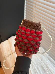 Women's Summer Woven Pearl Handbag, Cute Raspberry Crochet Knit Phone Pouch Crossbody Bag