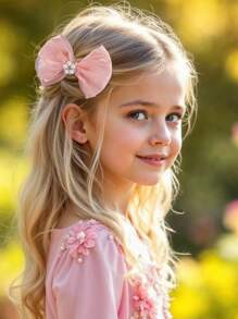 4 piezas Pinzas de pelo con lazos de tela rosada y blanca para niñas, moños de perlas falsas, accesorios de pelo elegantes para niños y niñas pequeñas para uso diario, regalos
