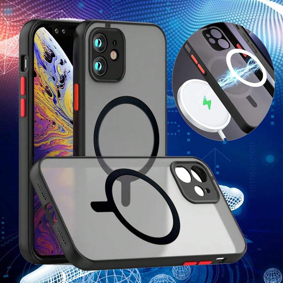 1pc Black Magnetic Wireless Charging Shockproof Protective Case With Full Camera Protection, Translucent Matte Finish, [Silky Touch] [Matte PC Back] TPU Bumper Shockproof Slim Thin Compatible With IPhone And Compatible With Samsung Galaxy Waterproof Anti-Fall Scratch Resistant