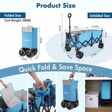VILLEY Extended Collapsible Foldable Wagon With 330LBS Weight Capacity, 220L Heavy Duty Folding Utility Garden Cart With Big All-Terrain Beach Wheels With Brake & Drink Holders, Blue - Blue - View 6