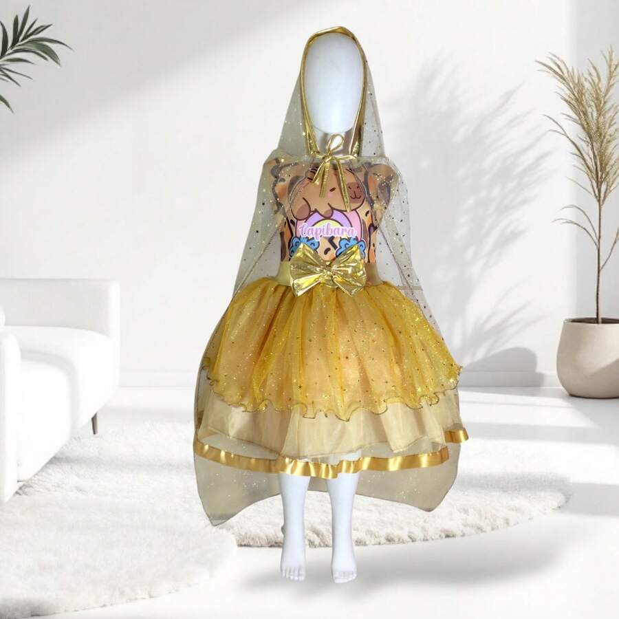 vestido para niña con diseño animado con capa y diadema en color dorado para que las pequeñas luzcan dulces y comodas en cualquier ocasión - Dorado - Ver 1