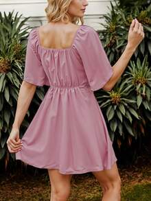 Vestido Casual de Manga Corta con Volante y Escote Corazón con Nudo Fruncido para Mujer - Rosa Pálido - Ver 4