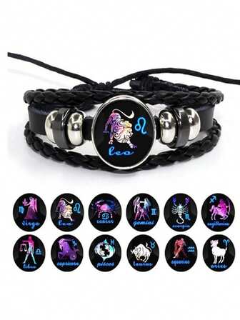 1 Stück handgefertigtes geflochtenes Armband mit 12 Sternzeichen Perlen & echtem Leder, Geburtstagsgeschenk