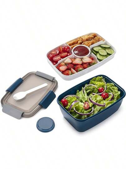 一套多功能沙拉碗 - 包括一个大沙拉碗、一个便当盒托盘、一个防漏酱料盒、一个密封盖和一个叉子，适合健康成人午餐；可放入洗碗机/微波炉，厨房必备，圣诞礼物，适合所有人