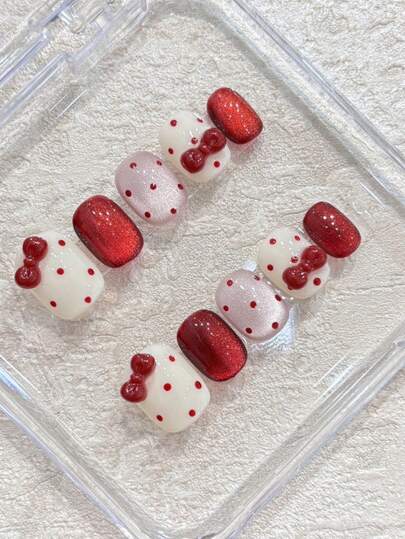 10片手工红色蝴蝶结波点米色底猫眼美甲贴纸，短款方形可爱假指甲，适合日常佩戴，女士和女孩适用，按压式美甲贴纸，美甲用品